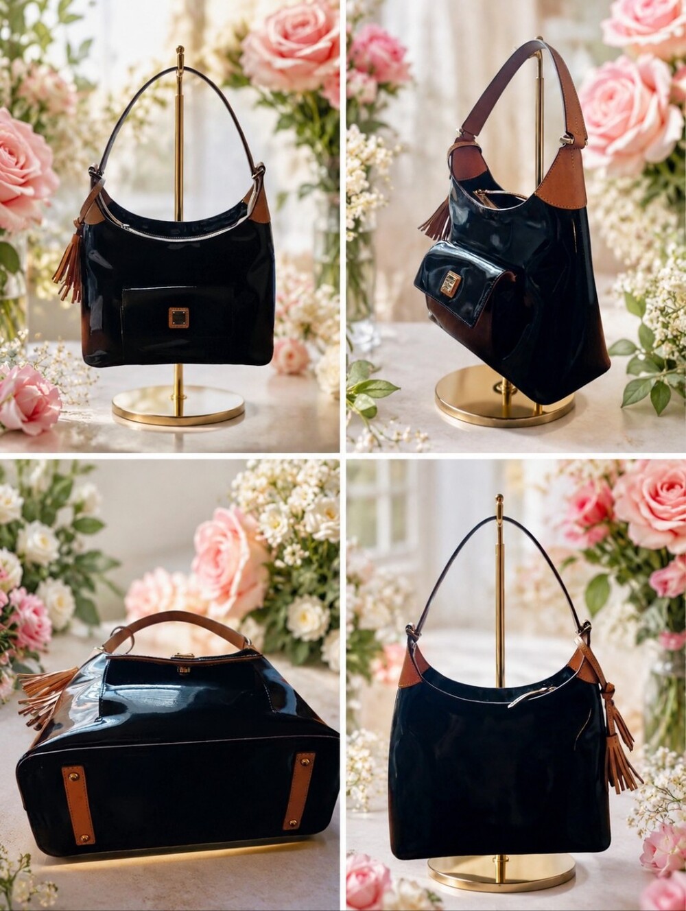 Dooney & Bourke Black Patent Leather Small Hobo with Tan Tassel - Picture 9 of 13